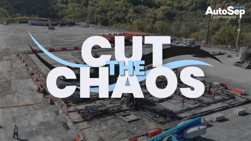 Cut the Chaos in blocky text overlayed on an image of an oil rig pad in the forest. Light blue and black waves behind text.