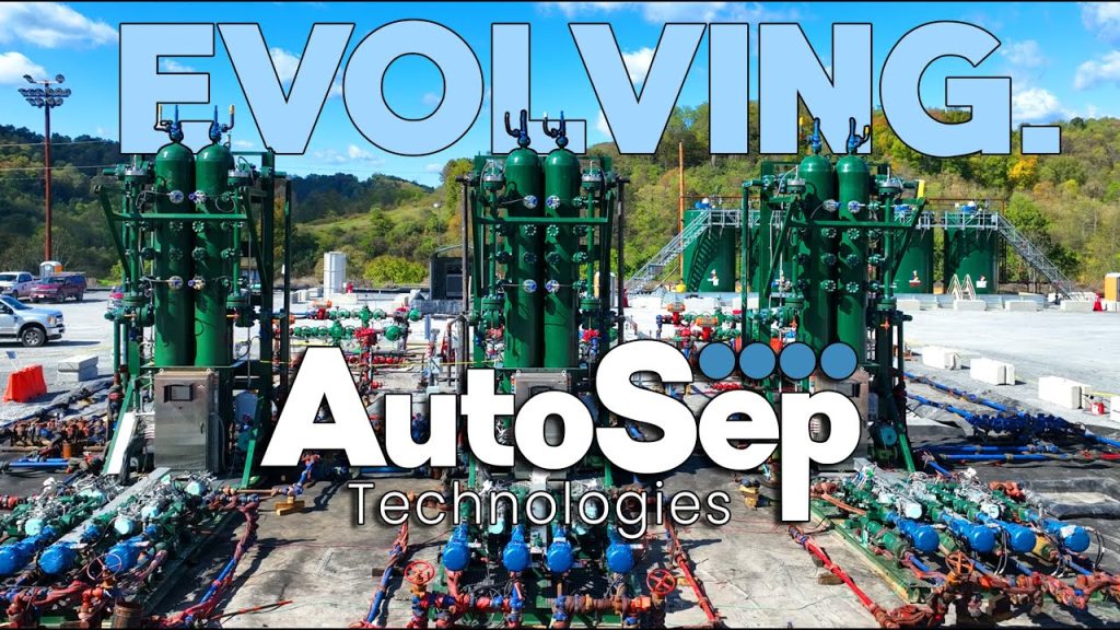 AutoSep Technologies logo overlayed on an image of three AutoSep Control Units on an oil rig pad with trees in the background. The word evolving in light blue in the sky behind the ACUs.