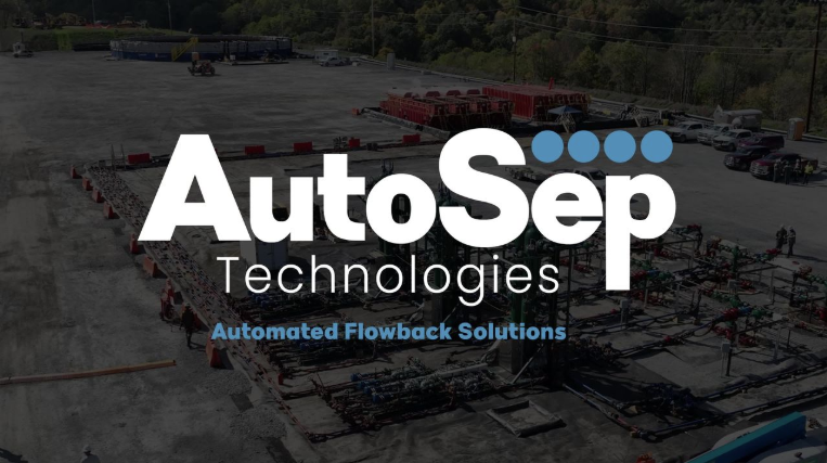 The AutoSep Technologies logo with the Automated Flowback Solutions tag line is centered and overlaid on a darkened image of an oil rig pad in the forest.
